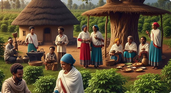 Traditional Ethiopian community scene with people in traditional clothing around thatched-roof huts